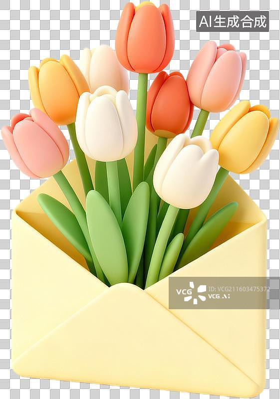 【AI数字艺术】3D卡通风格创意花朵花束书本信封爱心环保女孩插画元素图片素材