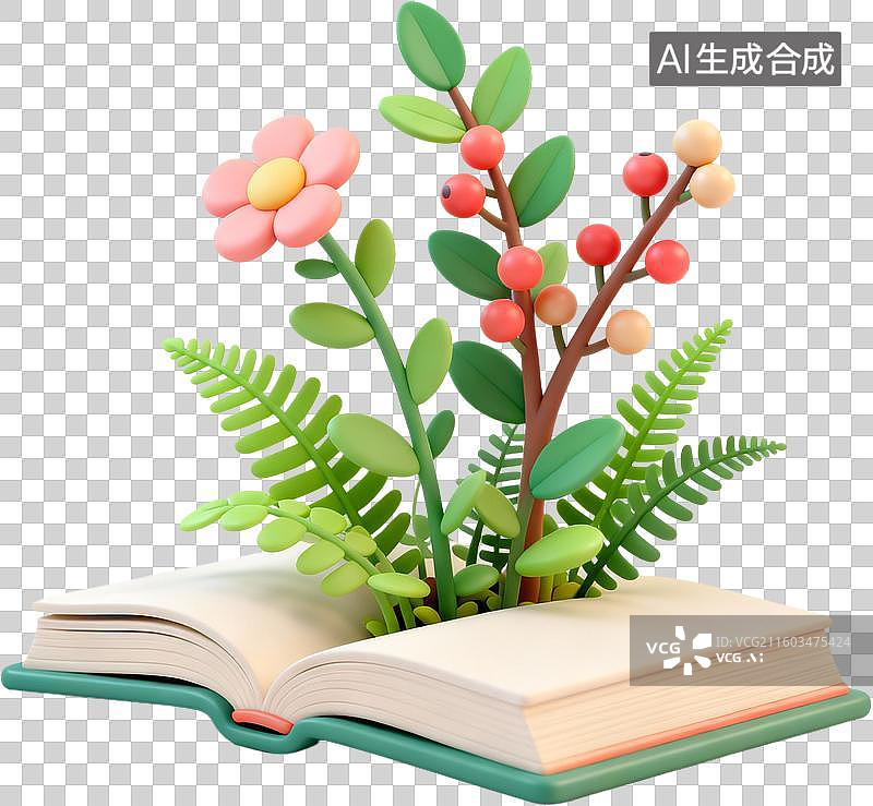 【AI数字艺术】3D卡通风格创意花朵花束书本信封爱心环保女孩插画元素图片素材