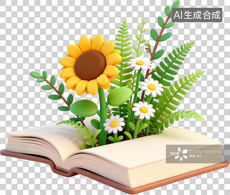 【AI数字艺术】3D卡通风格创意花朵花束书本信封爱心环保女孩插画元素图片素材
