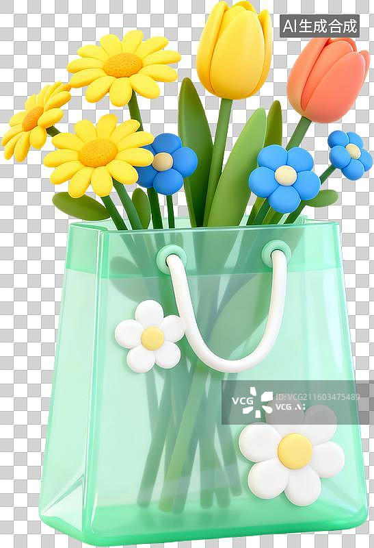 【AI数字艺术】3D卡通风格创意花朵花束书本信封爱心环保女孩插画元素图片素材