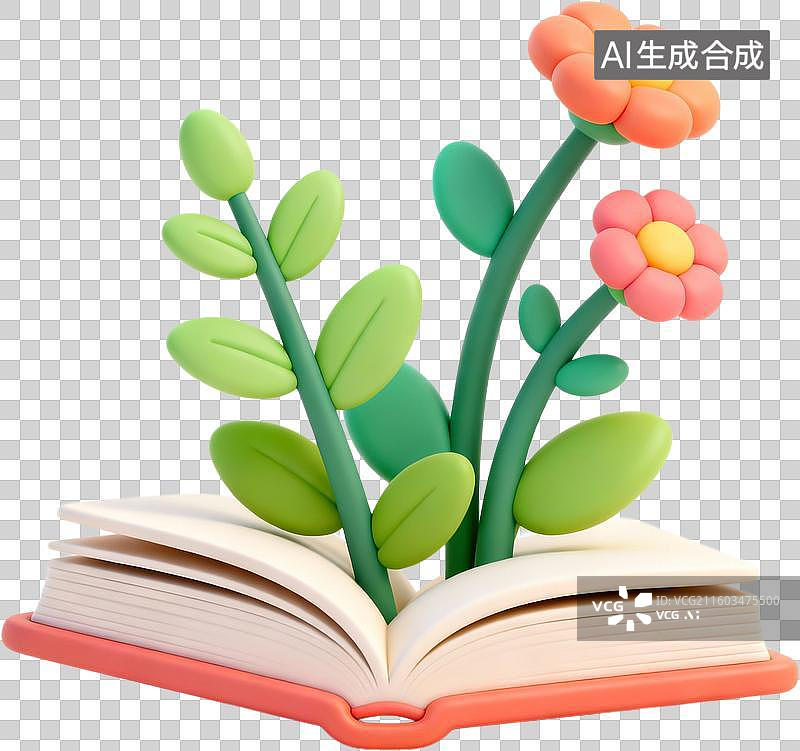 【AI数字艺术】3D卡通风格创意花朵花束书本信封爱心环保女孩插画元素图片素材