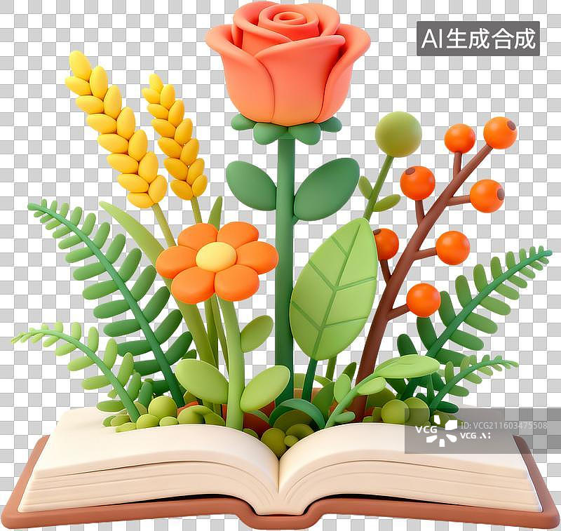【AI数字艺术】3D卡通风格创意花朵花束书本信封爱心环保女孩插画元素图片素材
