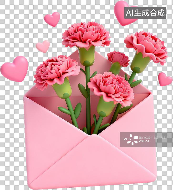 【AI数字艺术】3D卡通风格创意花朵花束书本信封爱心环保女孩插画元素图片素材