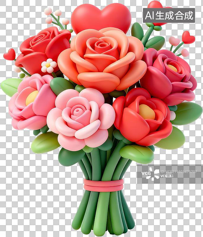 【AI数字艺术】3D卡通风格创意花朵花束书本信封爱心环保女孩插画元素图片素材