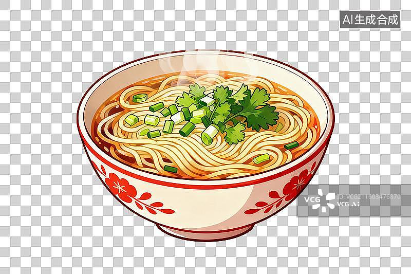 【AI数字艺术】卡通风格，一碗美味的面条，上面撒着葱花PNG格式的免扣元素图片素材