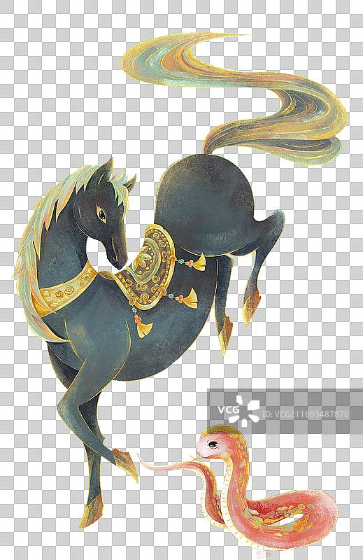 国潮风贺新春插画 2026马年春节创意 黑马粉蛇贺岁国风年画 辞蛇年迎马年图片素材