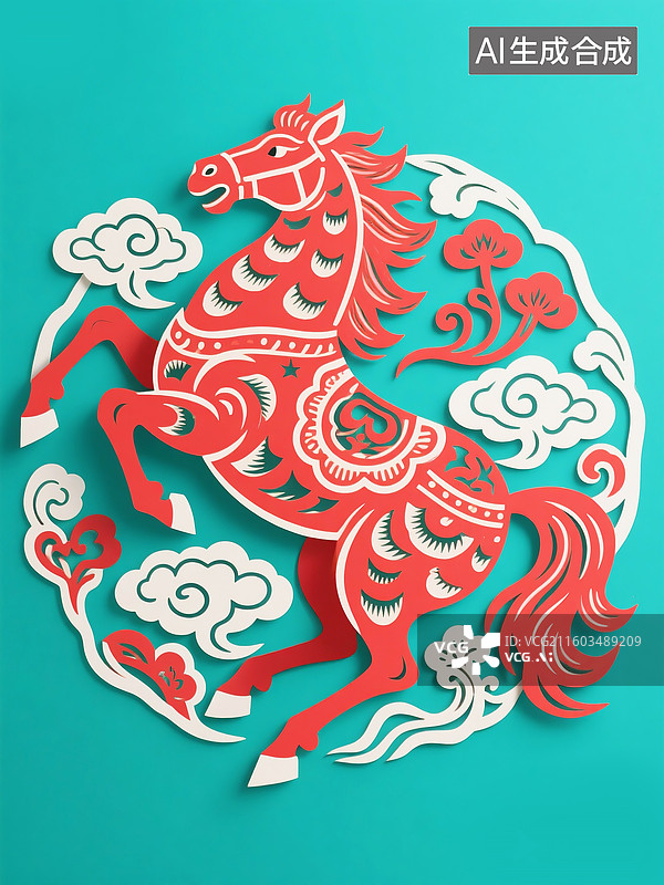 【AI数字艺术】2026马年 中国新年祝福贺卡年画 红色剪纸的马和祥云 蓝色背景图片素材