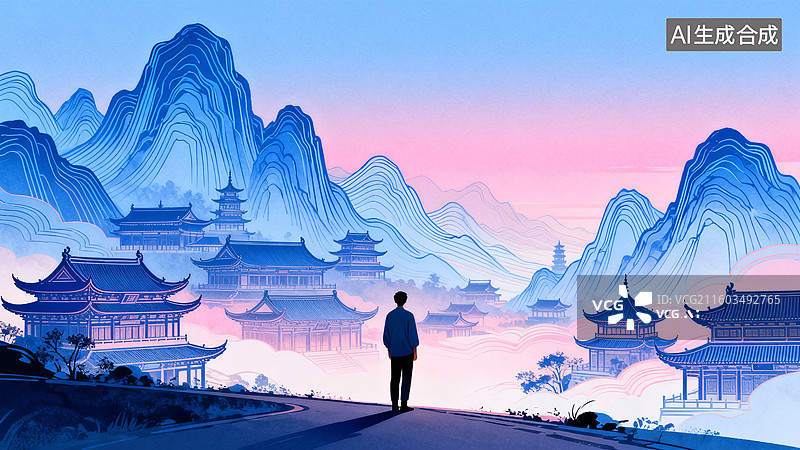 【AI数字艺术】古今东方山水意境插画图片素材