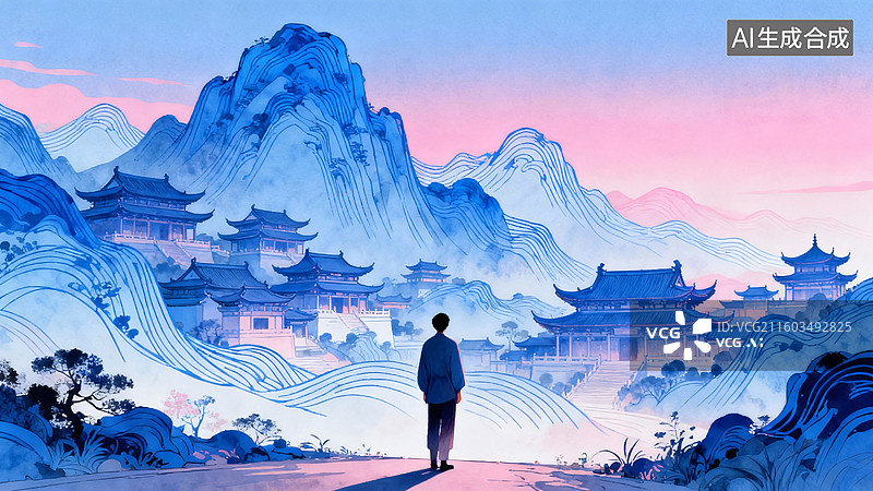 【AI数字艺术】古今东方山水意境插画图片素材