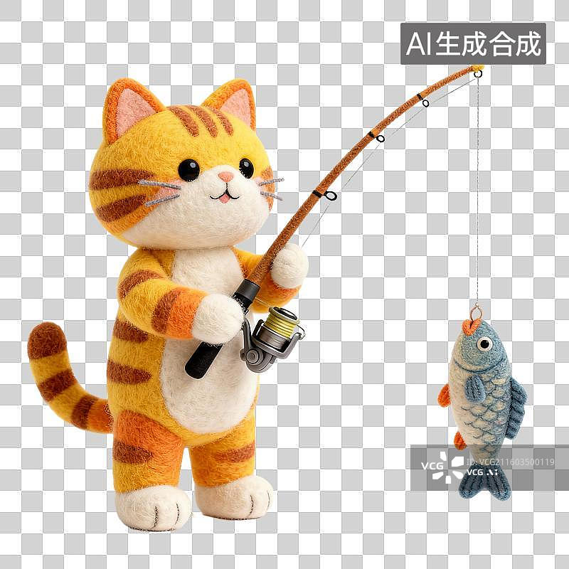 【AI数字艺术】可爱毛毡猫手持鱼竿钓鱼图片素材