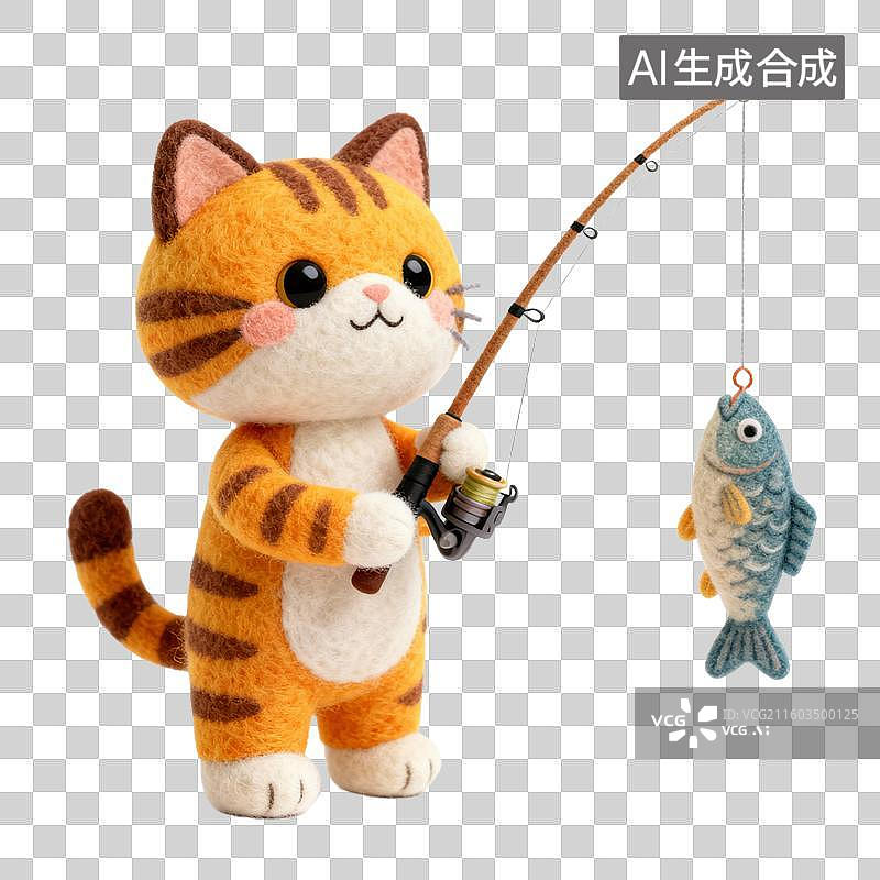 【AI数字艺术】可爱毛毡猫手持鱼竿钓鱼图片素材