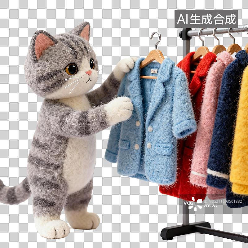 【AI数字艺术】可爱小猫手持衣服试穿图片素材