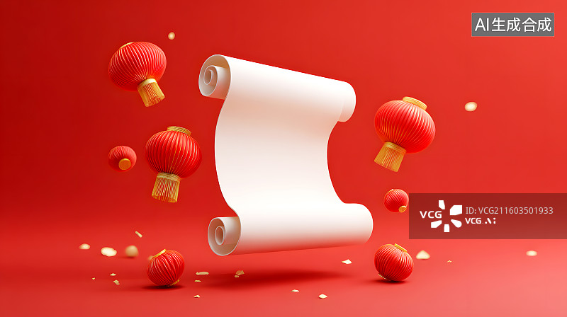 【AI数字艺术】红色中国风背景上一个公告卷轴图片素材