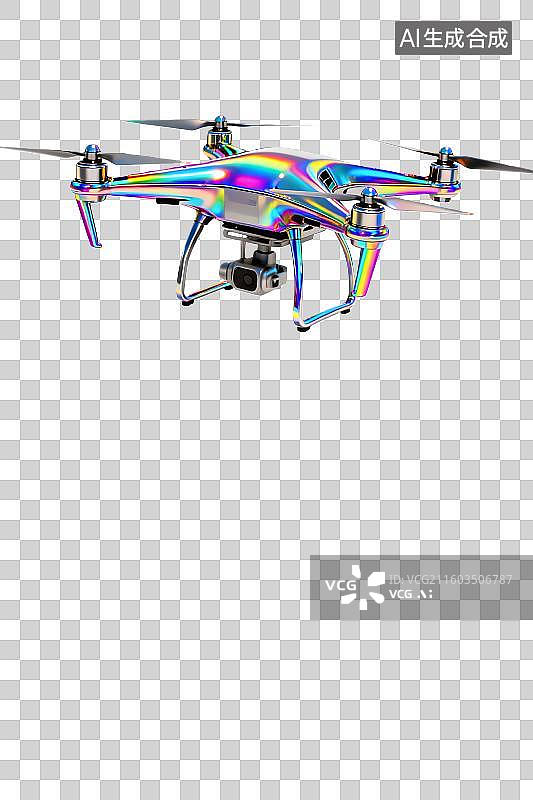 【AI数字艺术】炫彩无人机  带摄像头的彩虹无人机   炫彩镭射风格金属的科技未来无人机  科技镭射液体无人机图片素材