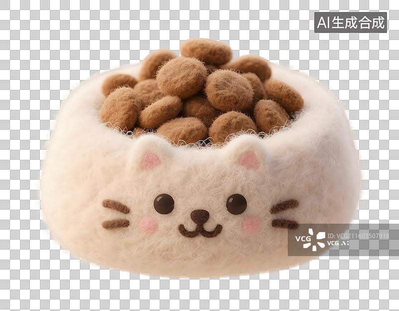 【AI数字艺术】AIGC：3D卡通羊毛毡风格猫饭碗里的猫粮，宠物食品，动物主题，设计元素，免抠图形图片素材