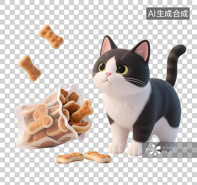 【AI数字艺术】AIGC：3D卡通猫咪和猫饼干，宠物零食，宠物食品，设计元素，免抠图图片素材