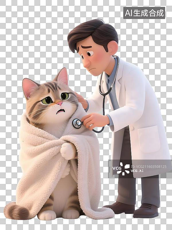 【AI数字艺术】AIGC：一只生病的猫咪，宠物医生正在用听诊器给它检查身体，宠物医疗，元素，免抠图图片素材