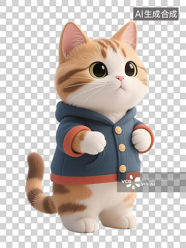 【AI数字艺术】AIGC：3D卡通穿衣服的小猫咪，宠物服饰，萌宠，元素，免抠图图片素材