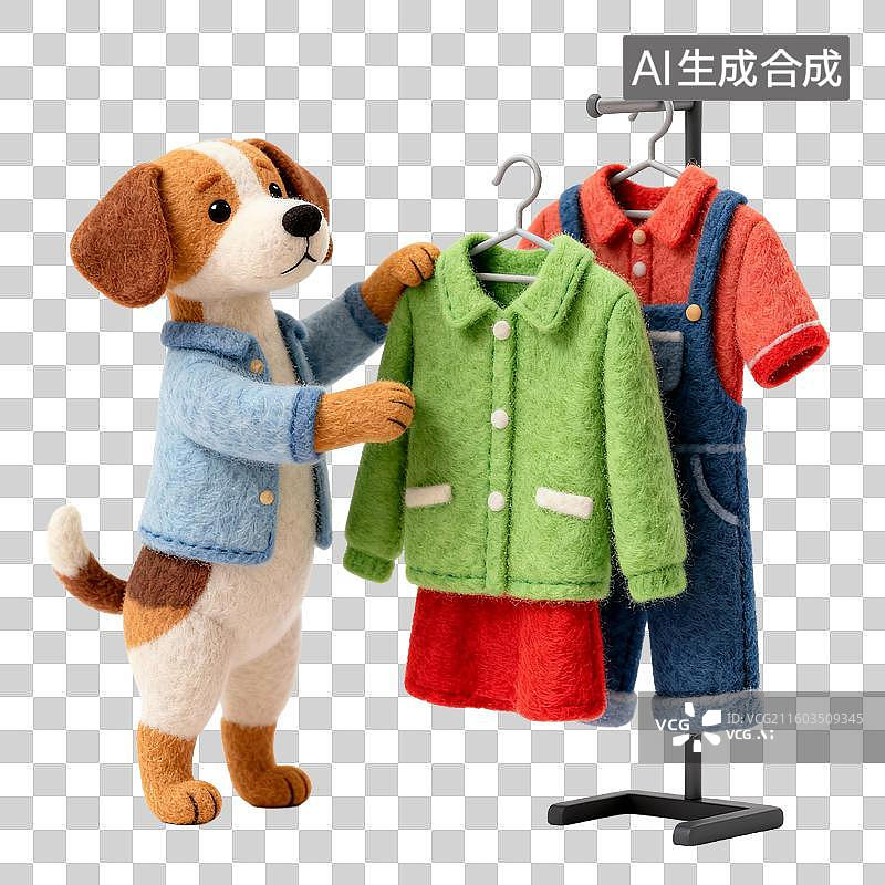 【AI数字艺术】毛毡小狗在试衣服图片素材