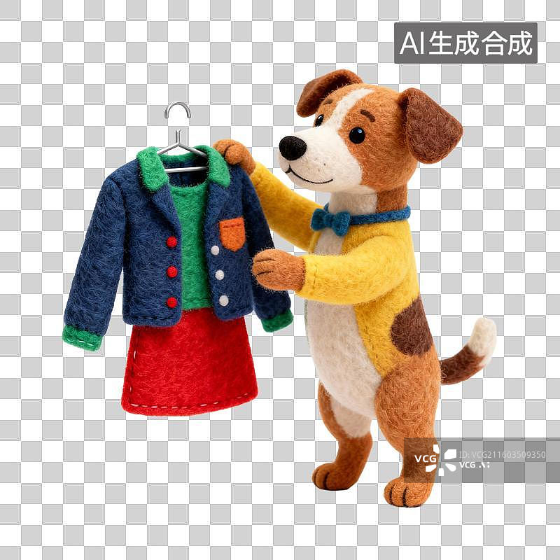 【AI数字艺术】毛毡小狗在试衣服图片素材
