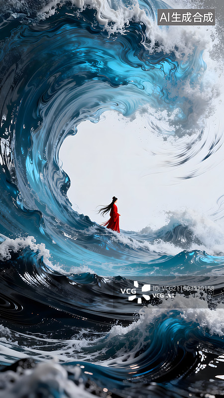 【AI数字艺术】手绘精卫填海 海浪女孩图片素材