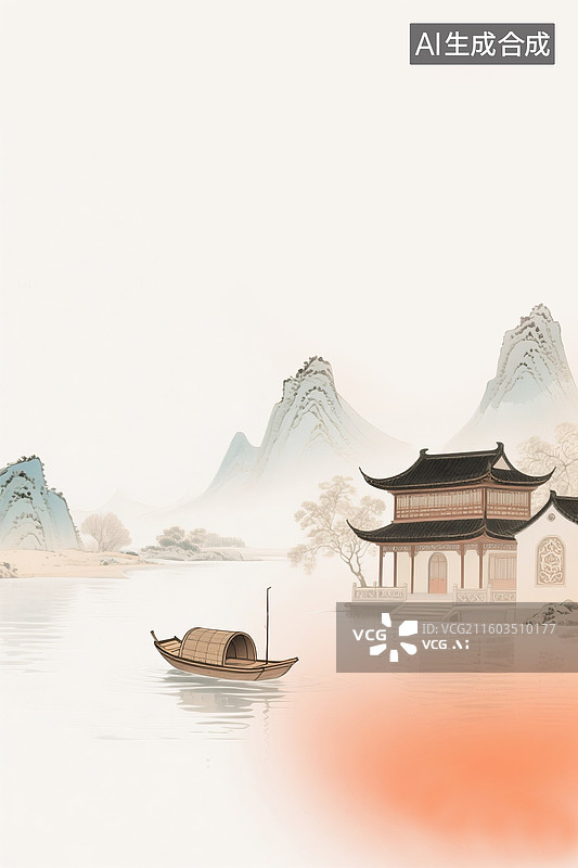 【AI数字艺术】新中式水墨山水风古风山水画 水墨浅黄色风景画 中国风山水插画自然风景插画 黄色小清新手机壁纸插画图片素材