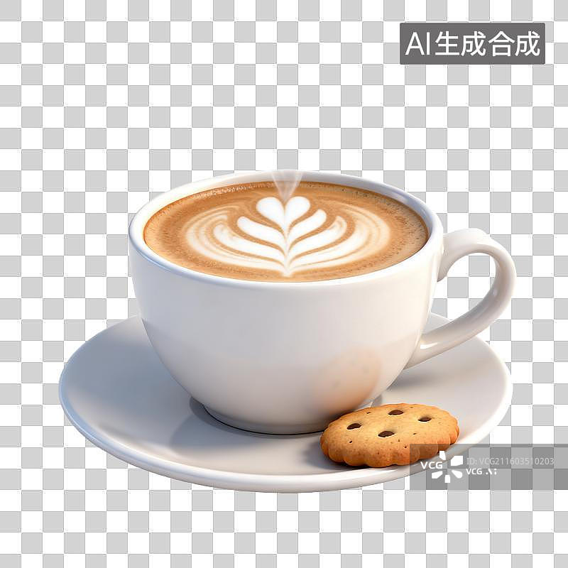 【AI数字艺术】免抠图形-一杯带有拉花的咖啡和一块饼干图片素材