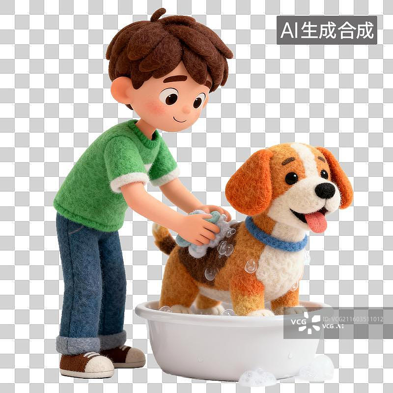 【AI数字艺术】男孩给小狗洗澡的温馨场景图片素材