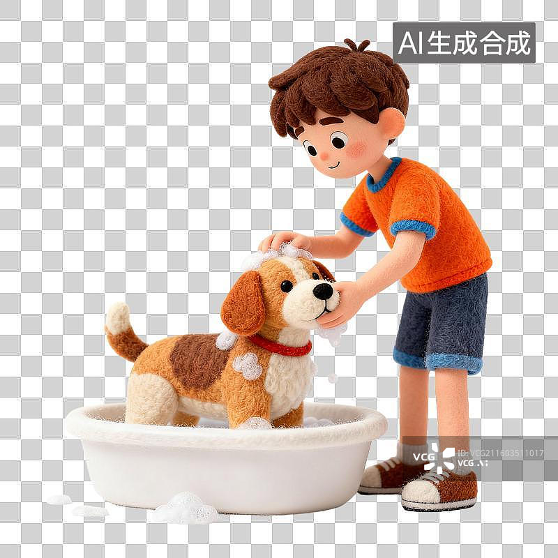 【AI数字艺术】男孩给小狗洗澡的温馨场景图片素材