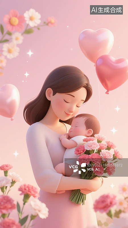 【AI数字艺术】母亲节小男孩送给妈妈一束康乃馨插画，妈妈抱着孩子3D人物插画 竖版图片素材