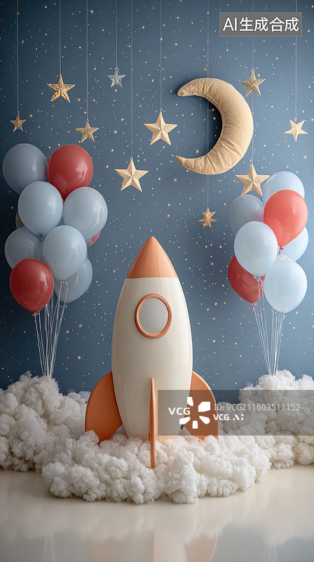 【AI数字艺术】火箭模型与星空装饰场景图片素材