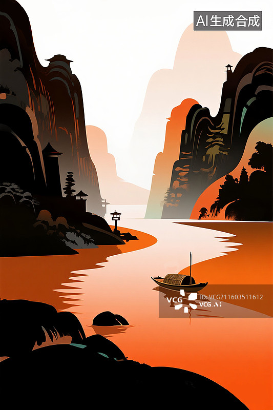 【AI数字艺术】新中式山水风景画 国潮风山水插画 橙色渐变绵延的群山和湖上泛舟的小船 竖版图片素材