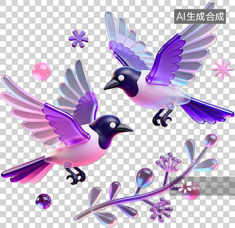 【AI数字艺术】两只紫色飞鸟与梦幻元素图片素材