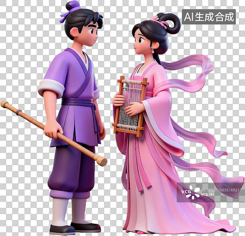 【AI数字艺术】古风人物对视手持乐器图片素材