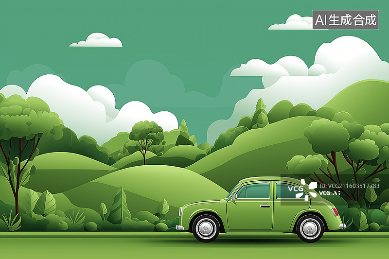 【AI数字艺术】绿色汽车行驶在青山绿野间图片素材