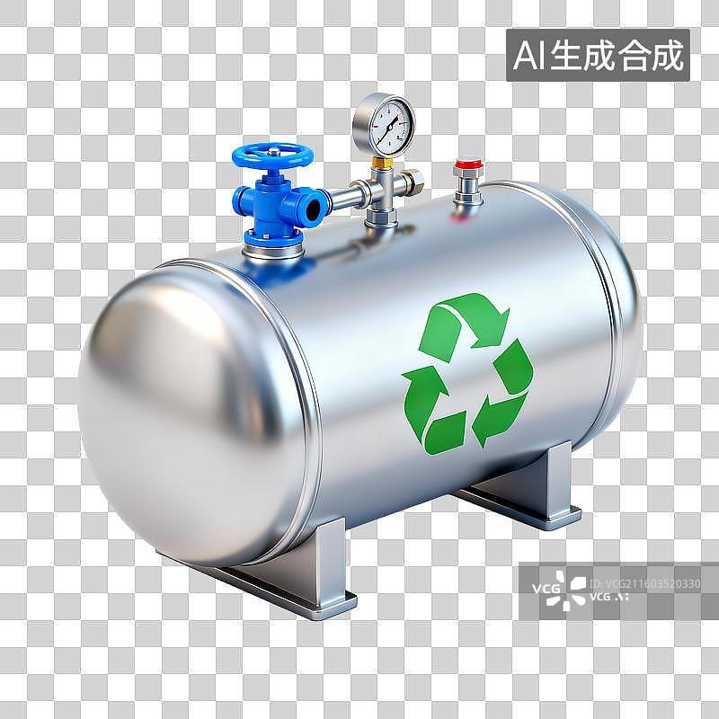 【AI数字艺术】带回收标志的不锈钢环保储罐图片素材