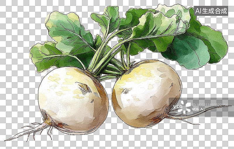 【AI数字艺术】白萝卜带绿叶插画图片素材