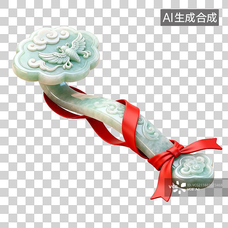 【AI数字艺术】精美玉雕如意带红丝带图片素材