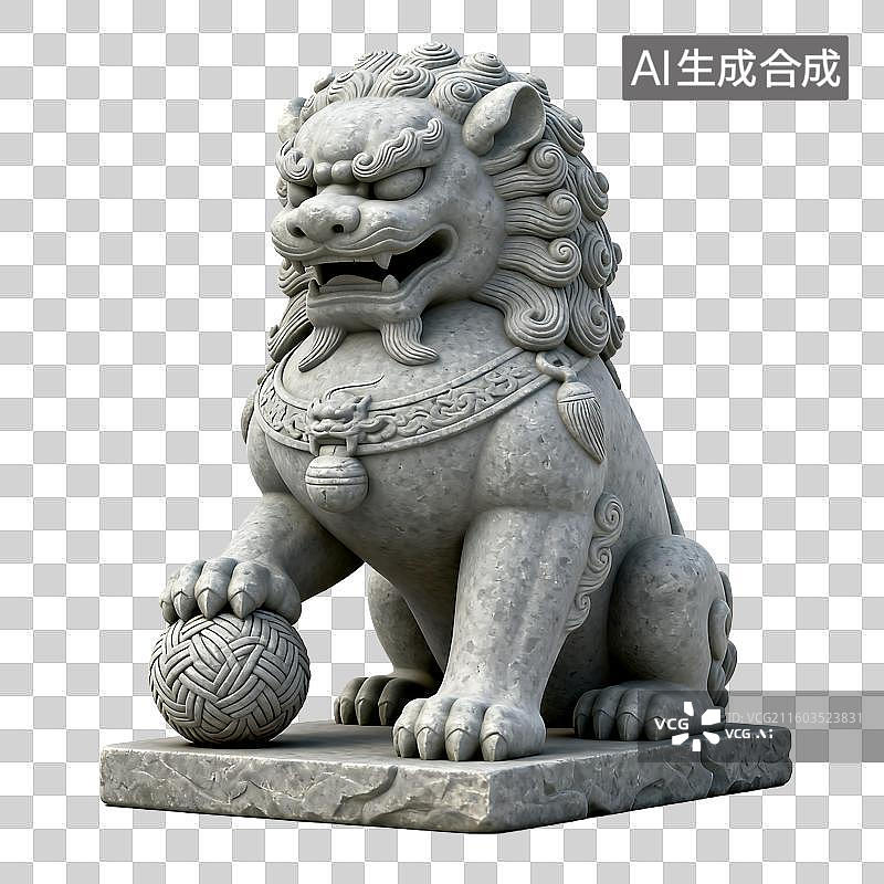【AI数字艺术】传统中式石狮子抱球雕塑图片素材