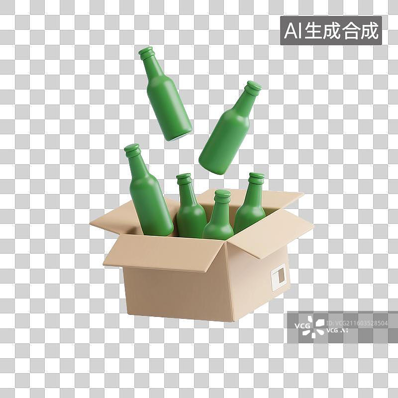 【AI数字艺术】3D渲染卡通食品，一箱啤酒，饮料，免抠元素图片素材