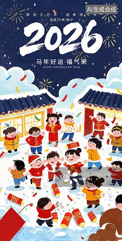 【AI数字艺术】2026马年春节年画 一群孩子欢快地在家门口放鞭炮，大雪覆盖下的房屋，元旦新年喜庆氛围 竖版图片素材
