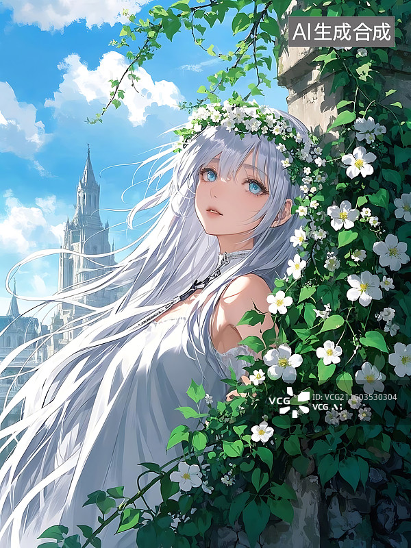 【AI数字艺术】夏日少女与花环图片素材