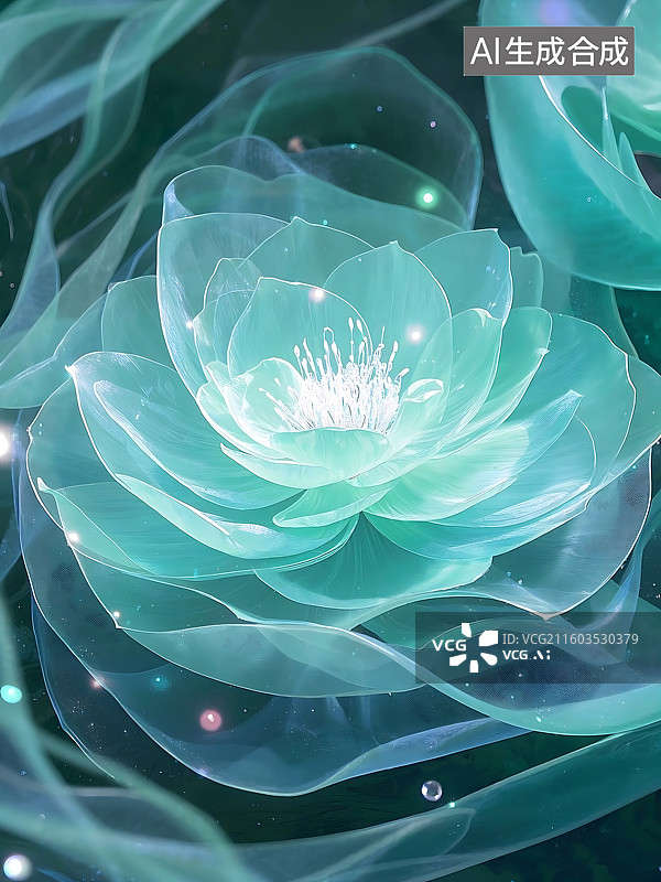 【AI数字艺术】梦幻莲花：水蓝色的花瓣与飘逸的薄纱交织，营造神秘氛围图片素材
