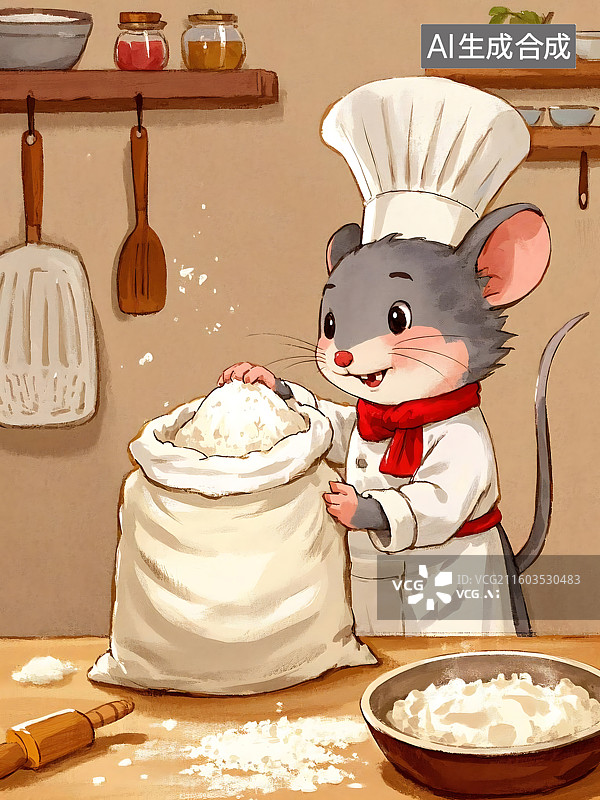 【AI数字艺术】卡通厨师老鼠在厨房里制作食物图片素材
