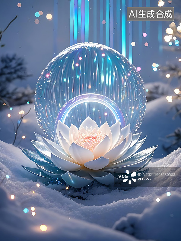 【AI数字艺术】雪地中的莲花与光球，梦幻仙境图片素材