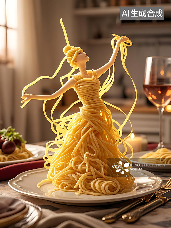 【AI数字艺术】意大利面芭蕾舞女演员在餐桌上翩翩起舞图片素材
