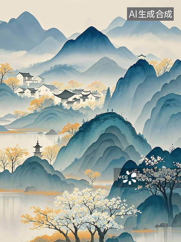 【AI数字艺术】水墨山水画：层峦叠嶂，村落掩映，春意盎然图片素材