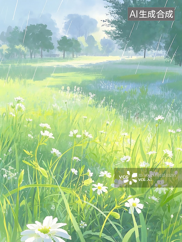 【AI数字艺术】雨中花园：盛开的雏菊和绿色的草地图片素材