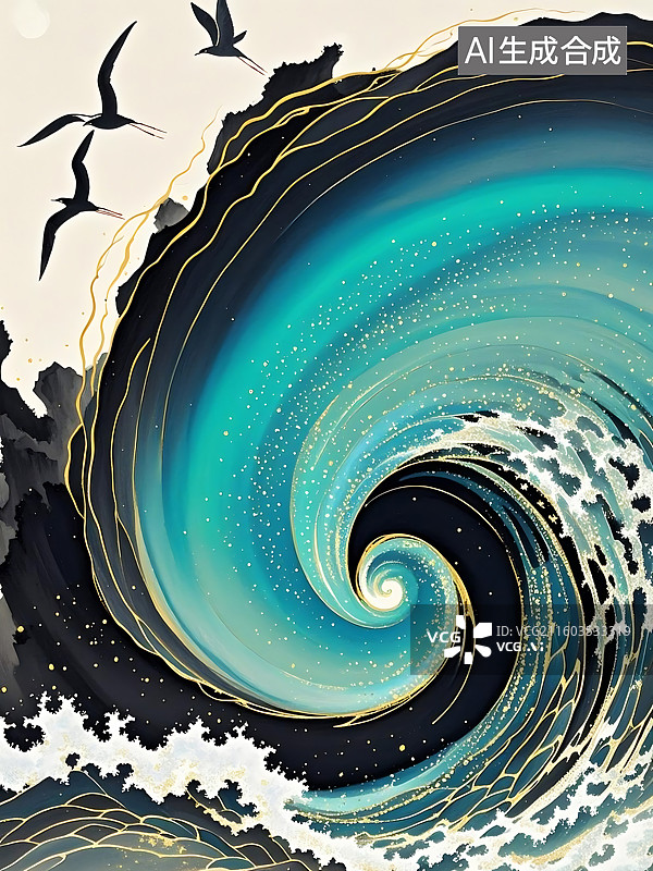 【AI数字艺术】海浪与飞鸟的诗意水墨画图片素材
