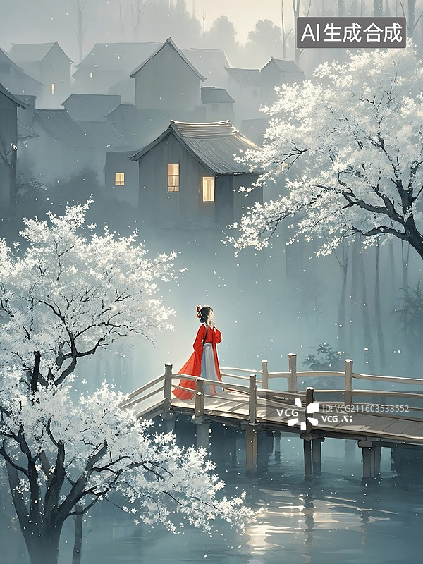 【AI数字艺术】雪国桥畔：伫立红衣，静观水波，遥望村落图片素材